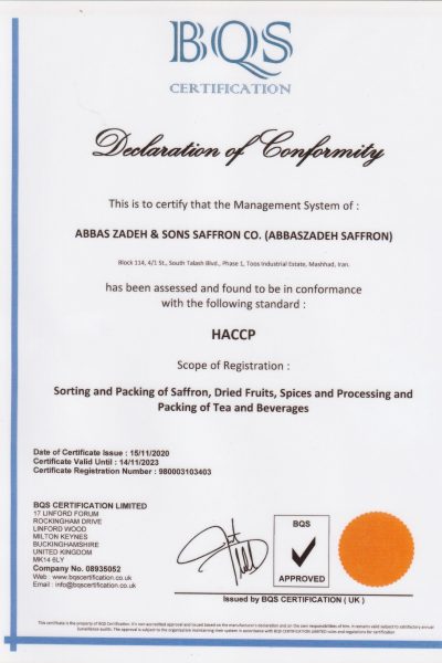 abbaszadeh saffron Certificate haccp