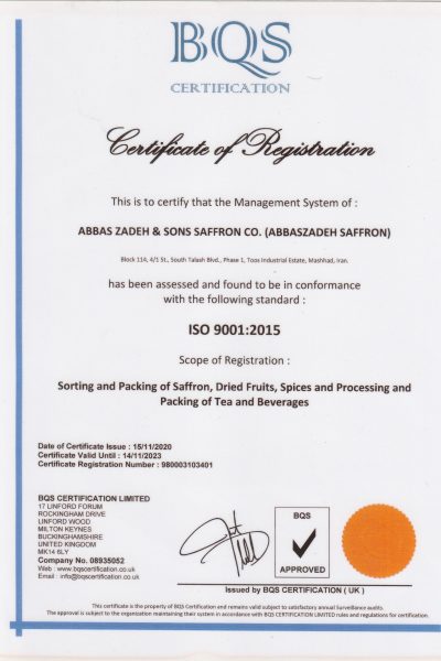 abbaszadeh saffron Certificate iso2015